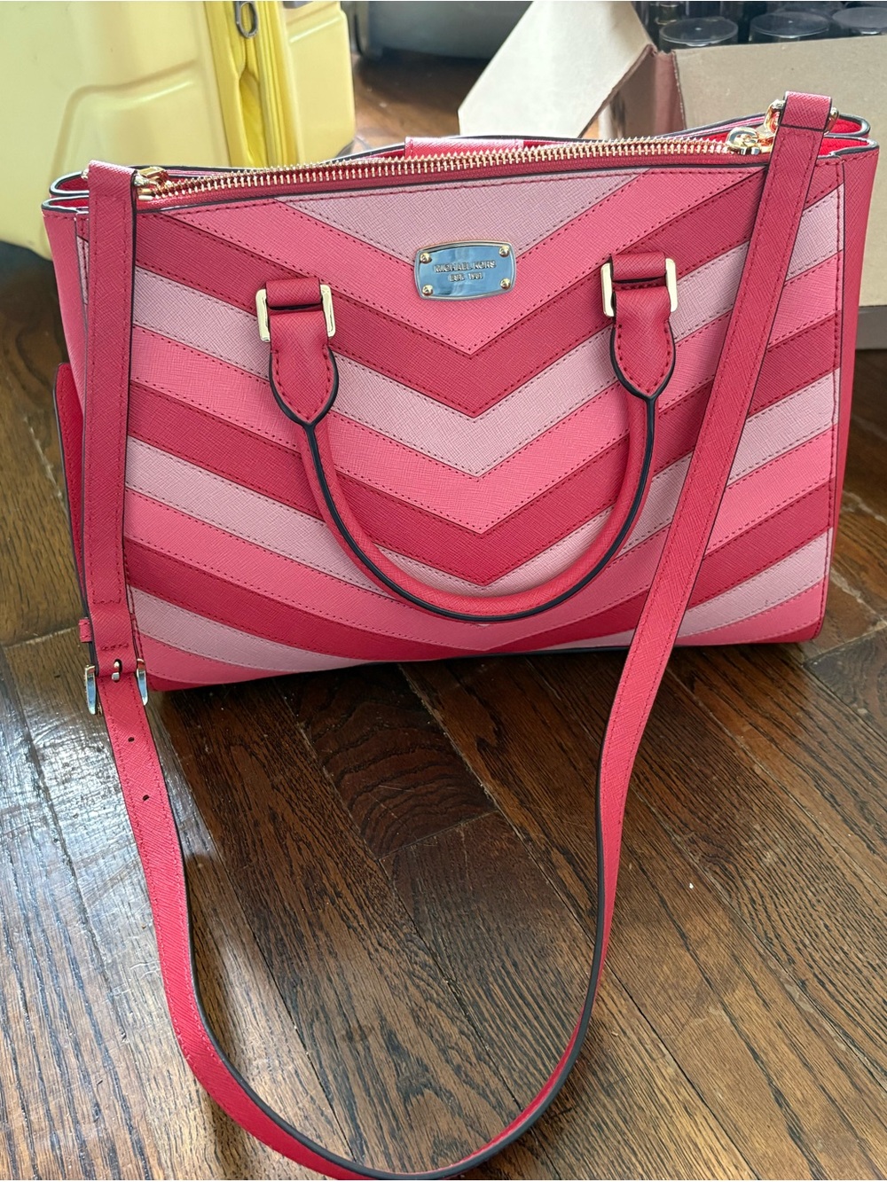 Michael Kors Pink Chevron Satchel with Removable Strap and Gold Hardware